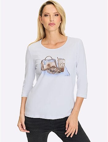 T-shirt à Manches 3/4 Imprimé Avec Pierres Brillantes Fantaisie - Taille Standard - Helline
