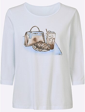 T-shirt à Manches 3/4 Imprimé Avec Pierres Brillantes Fantaisie - Taille Standard - Helline