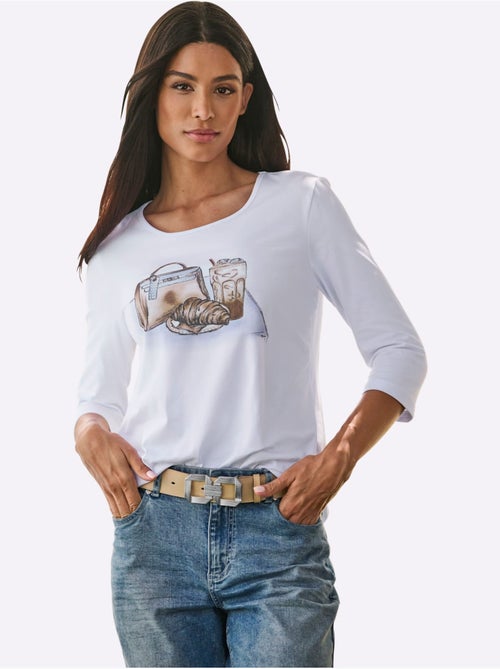 T-shirt à Manches 3/4 Imprimé Avec Pierres Brillantes Fantaisie - Taille Standard - helline - Kiabi