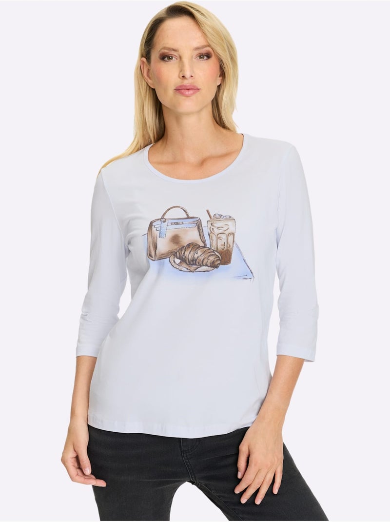 T-shirt à Manches 3/4 Imprimé Avec Pierres Brillantes Fantaisie - Taille Standard - Helline Blanc - Kiabi