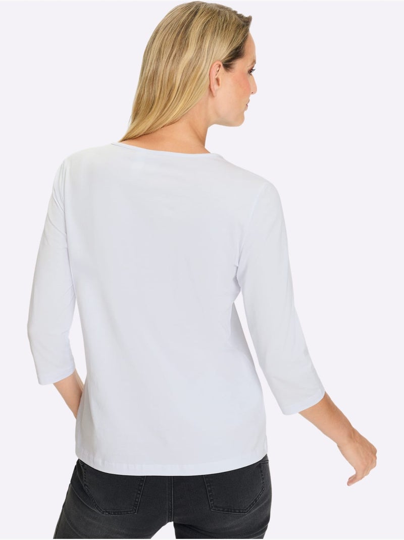 T-shirt à Manches 3/4 Imprimé Avec Pierres Brillantes Fantaisie - Taille Standard - Helline Blanc - Kiabi