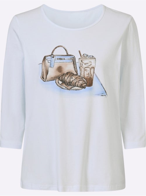 T-shirt à Manches 3/4 Imprimé Avec Pierres Brillantes Fantaisie - Taille Standard - helline - Kiabi