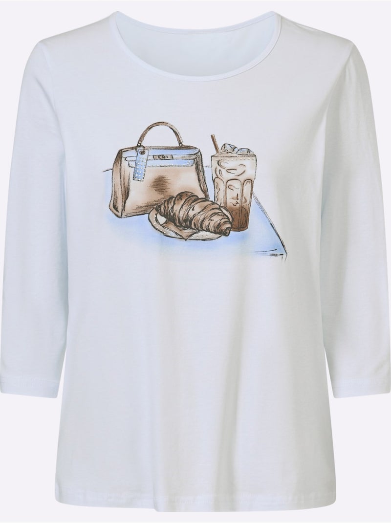 T-shirt à Manches 3/4 Imprimé Avec Pierres Brillantes Fantaisie - Taille Standard - Helline Blanc - Kiabi