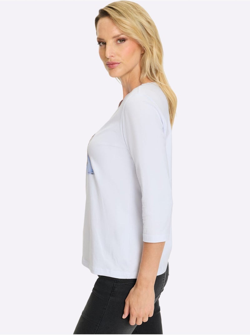 T-shirt à Manches 3/4 Imprimé Avec Pierres Brillantes Fantaisie - Taille Standard - Helline Blanc - Kiabi