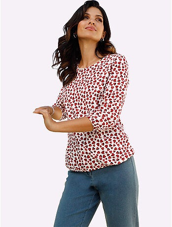 T-shirt à Manches 3/4 Imprimé Cœur Fantaisie - Taille Standard - Moda Vilona