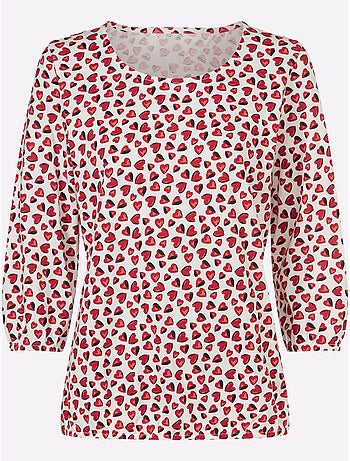 T-shirt à Manches 3/4 Imprimé Cœur Fantaisie - Taille Standard - Moda Vilona