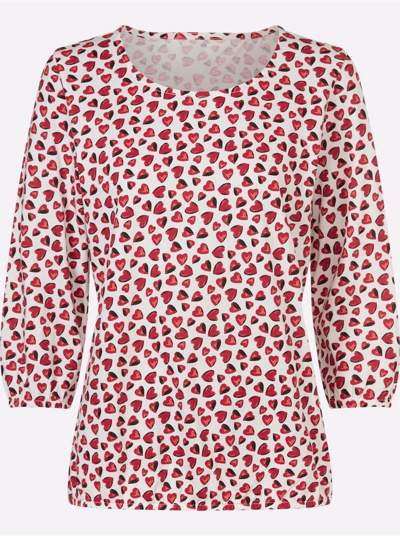 T-shirt à Manches 3/4 Imprimé Cœur Fantaisie - Taille Standard - Moda Vilona Ecru/Rouge - Kiabi