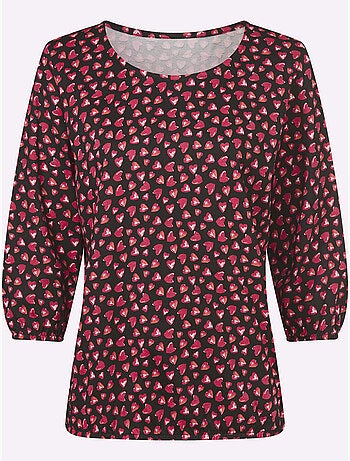 T-shirt à Manches 3/4 Imprimé Cœur Fantaisie - Taille Standard - Moda Vilona
