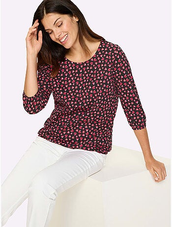 T-shirt à Manches 3/4 Imprimé Cœur Fantaisie - Taille Standard - Moda Vilona