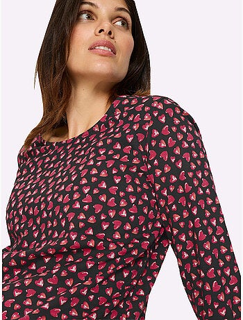T-shirt à Manches 3/4 Imprimé Cœur Fantaisie - Taille Standard - Moda Vilona