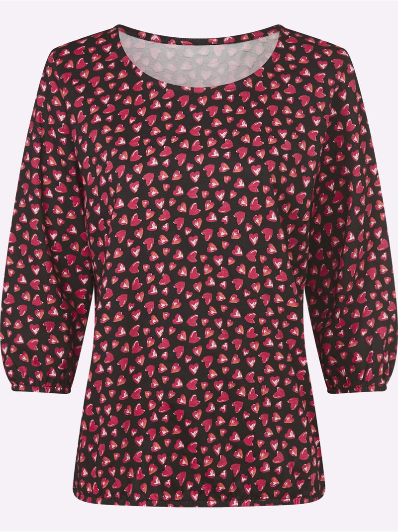 T-shirt à Manches 3/4 Imprimé Cœur Fantaisie - Taille Standard - Moda Vilona Noir Rose - Kiabi