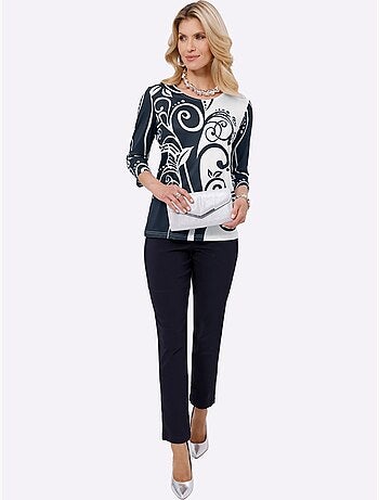 T-shirt à Manches 3/4 Imprimé Contrasté - Taille Standard - Moda Vilona