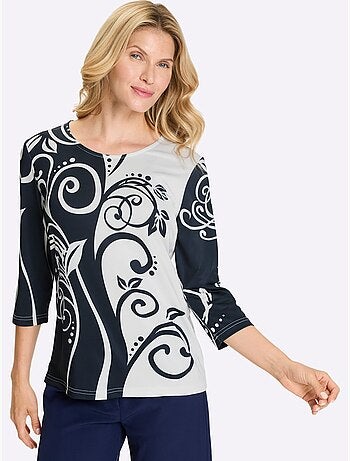T-shirt à Manches 3/4 Imprimé Contrasté - Taille Standard - Moda Vilona