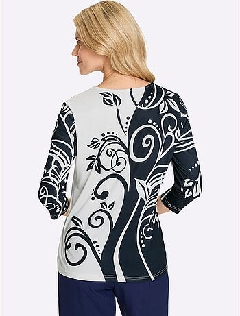 T-shirt à Manches 3/4 Imprimé Contrasté - Taille Standard - Moda Vilona