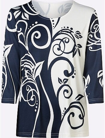 T-shirt à Manches 3/4 Imprimé Contrasté - Taille Standard - Moda Vilona
