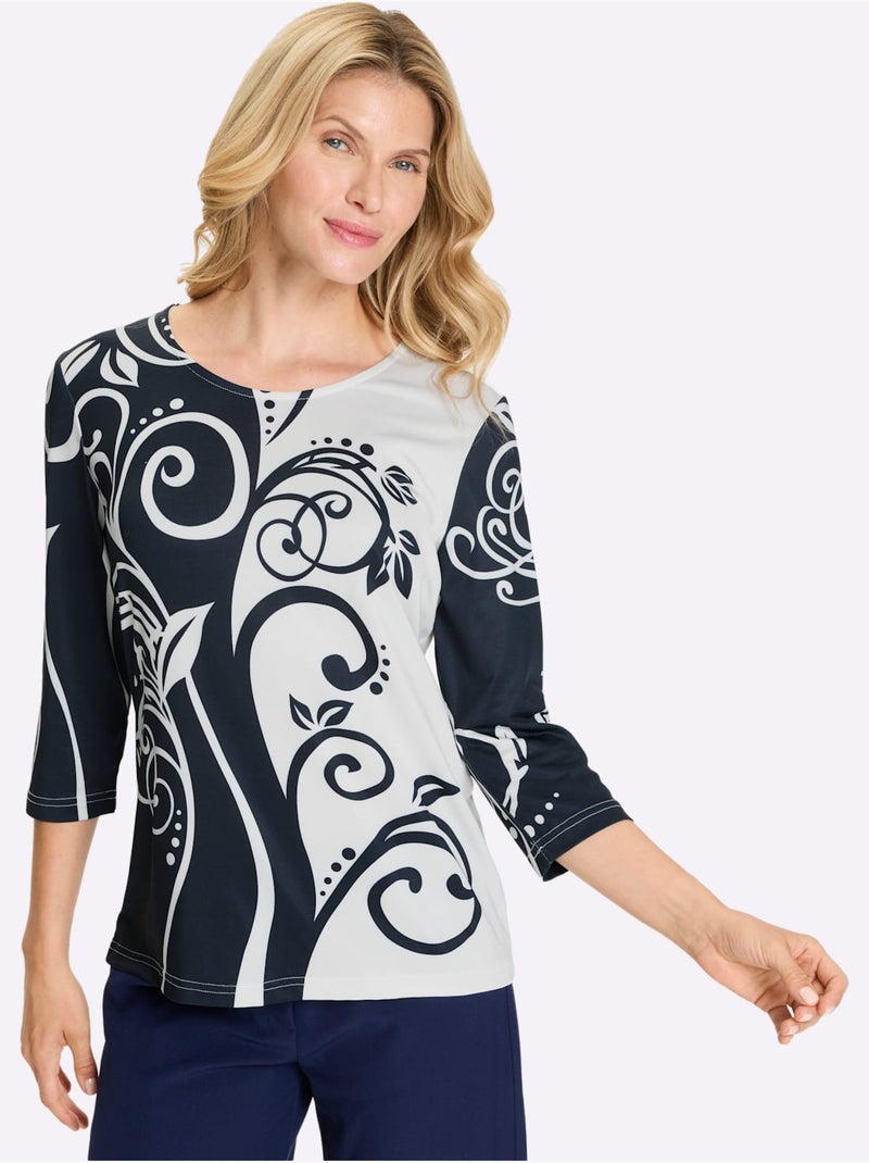 T-shirt à Manches 3/4 Imprimé Contrasté - Taille Standard - Moda Vilona Bleu Ecru - Kiabi