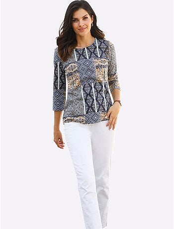 T-shirt à Manches 3/4 Imprimé Ethnique Mode - Taille Standard - Moda Vilona
