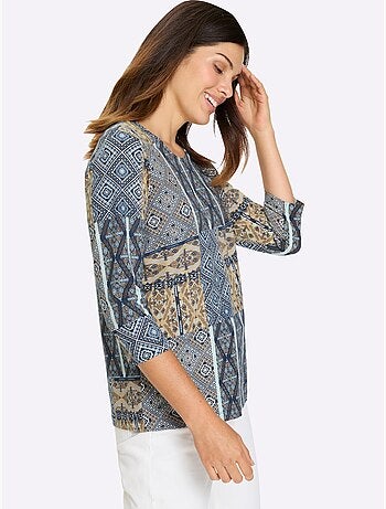T-shirt à Manches 3/4 Imprimé Ethnique Mode - Taille Standard - Moda Vilona