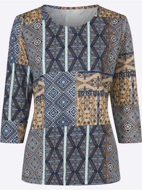 T-shirt à Manches 3/4 Imprimé Ethnique Mode - Taille Standard - Moda Vilona - Kiabi