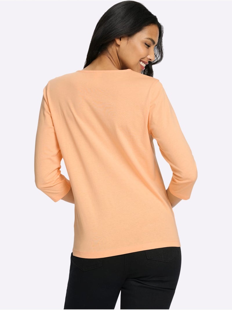 T-shirt à manches 3/4 imprimé feuille brillant - taille standard - moda vilona Noir Orange - Kiabi