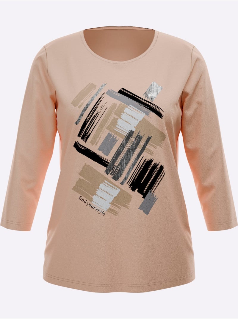 T-shirt à manches 3/4 imprimé feuille brillant - taille standard - moda vilona Noir Orange - Kiabi