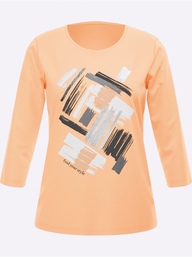 T-shirt à manches 3/4 imprimé feuille brillant - taille standard - moda vilona Noir Orange - Kiabi