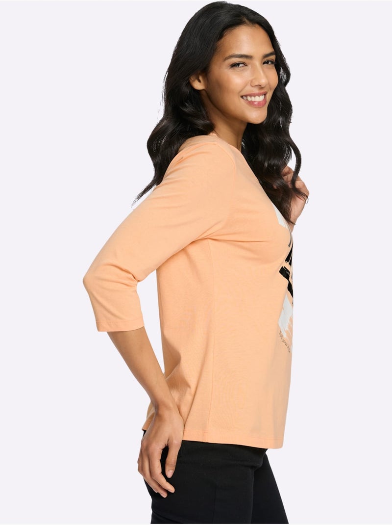 T-shirt à manches 3/4 imprimé feuille brillant - taille standard - moda vilona Noir Orange - Kiabi