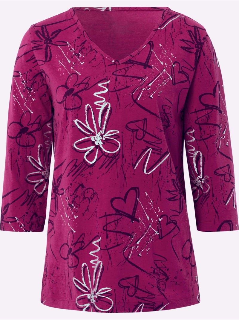 T-shirt à manches 3/4 imprimé feuille brillant - taille standard - moda vilona Rose fushia - Kiabi