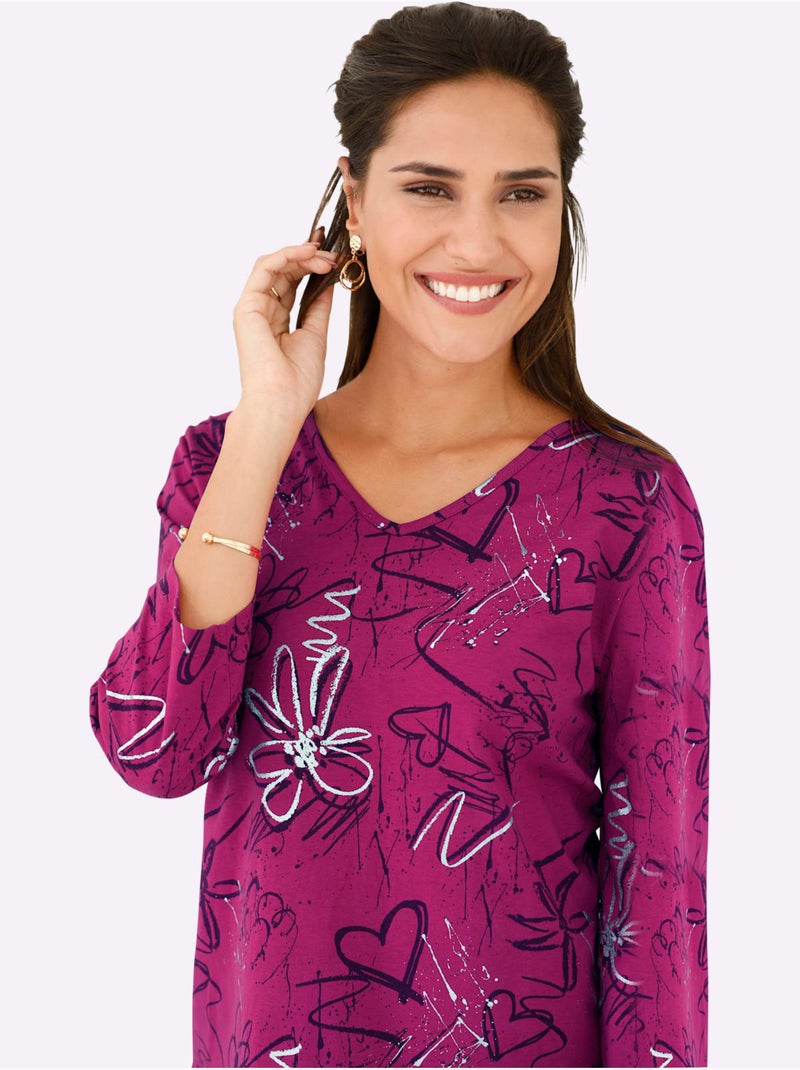 T-shirt à manches 3/4 imprimé feuille brillant - taille standard - moda vilona Rose fushia - Kiabi