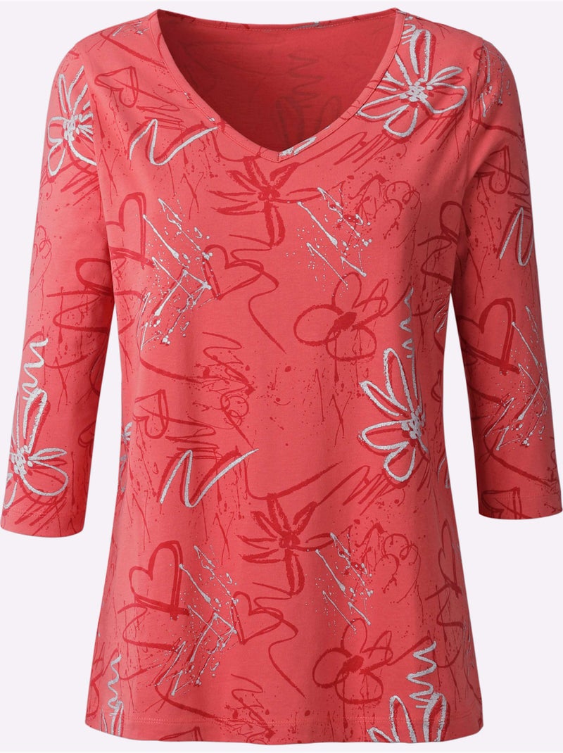 T-shirt à manches 3/4 imprimé feuille brillant - taille standard - moda vilona Rose - Kiabi