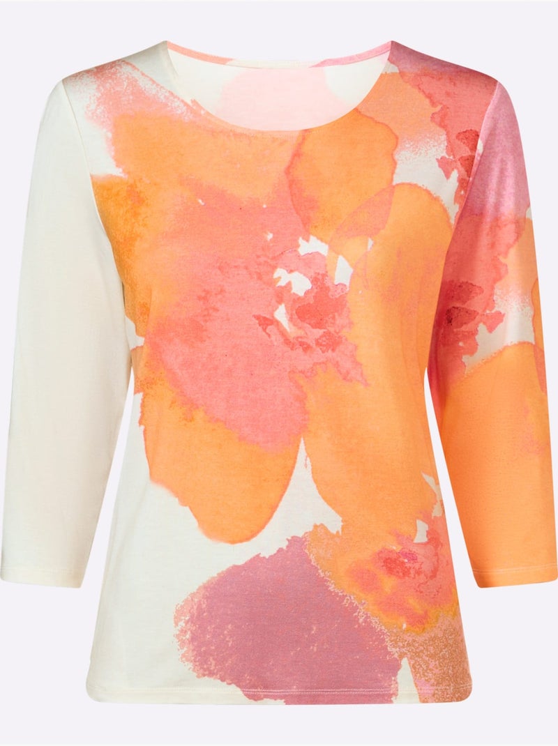 T-shirt à Manches 3/4 Imprimé Floral - Taille Standard - Helline Blanc Rose - Kiabi