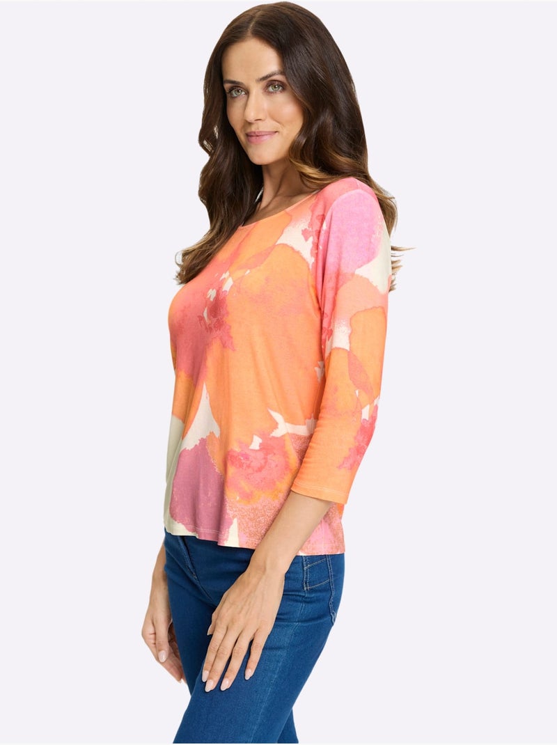 T-shirt à Manches 3/4 Imprimé Floral - Taille Standard - Helline Blanc Rose - Kiabi