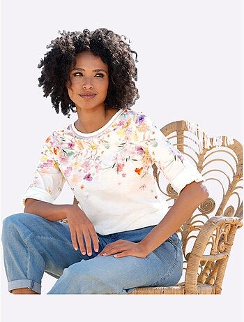 T-shirt à Manches 3/4 Imprimé Floral - Taille Standard - Helline