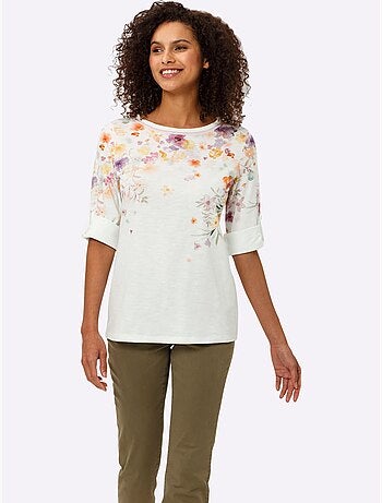 T-shirt à Manches 3/4 Imprimé Floral - Taille Standard - Helline