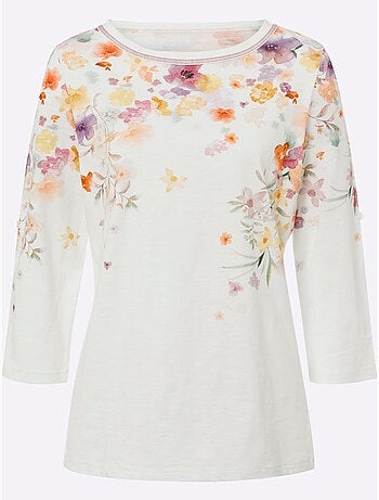 T-shirt à Manches 3/4 Imprimé Floral - Taille Standard - Helline