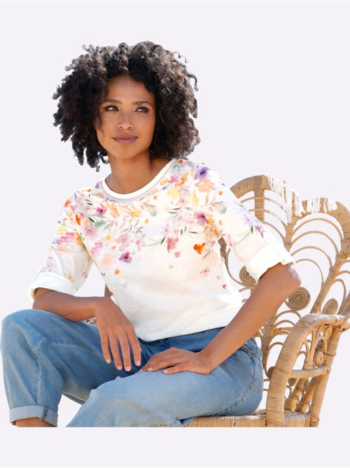 T-shirt à Manches 3/4 Imprimé Floral - Taille Standard - helline - Kiabi
