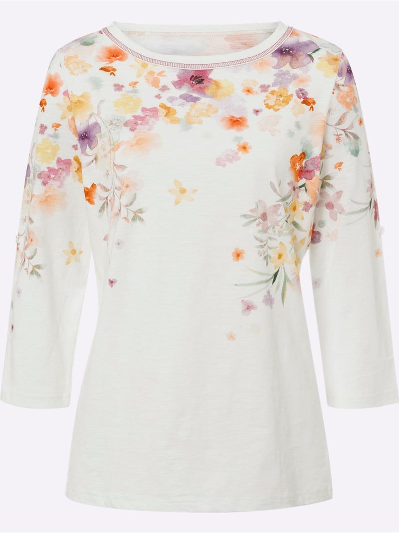 T-shirt à Manches 3/4 Imprimé Floral - Taille Standard - Helline Ecru - Kiabi