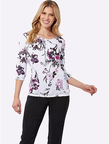 T-shirt à Manches 3/4 Imprimé Floral - Taille Standard - Moda Vilona