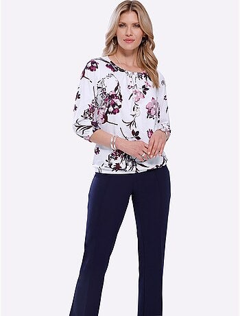 T-shirt à Manches 3/4 Imprimé Floral - Taille Standard - Moda Vilona