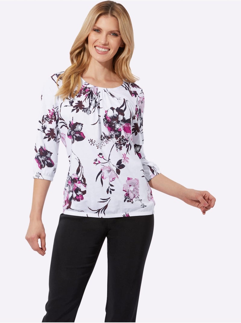 T-shirt à Manches 3/4 Imprimé Floral - Taille Standard - Moda Vilona Blanc Violet - Kiabi