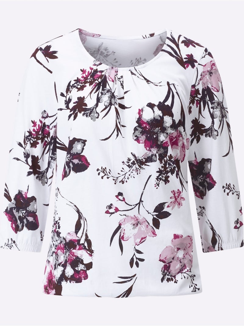 T-shirt à Manches 3/4 Imprimé Floral - Taille Standard - Moda Vilona Blanc Violet - Kiabi
