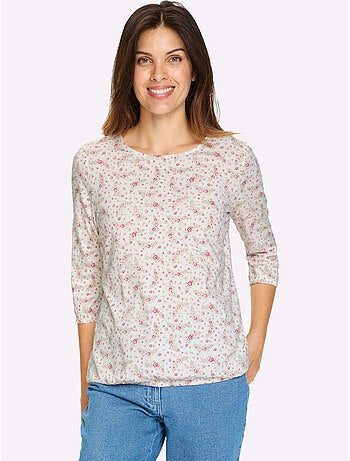T-shirt à Manches 3/4 Imprimé Floral - Taille Standard - Moda Vilona