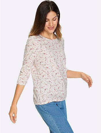T-shirt à Manches 3/4 Imprimé Floral - Taille Standard - Moda Vilona