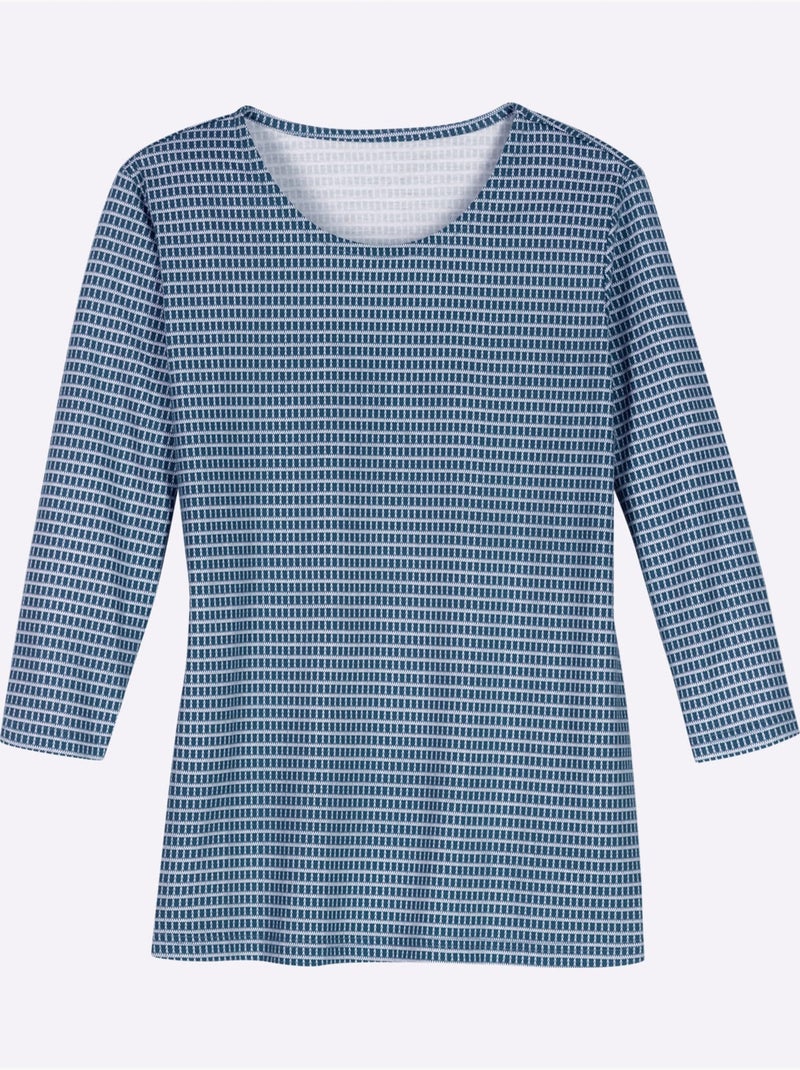 T-shirt à manches 3/4 imprimé minimaliste moderne - taille standard - moda vilona Bleu Ecru - Kiabi