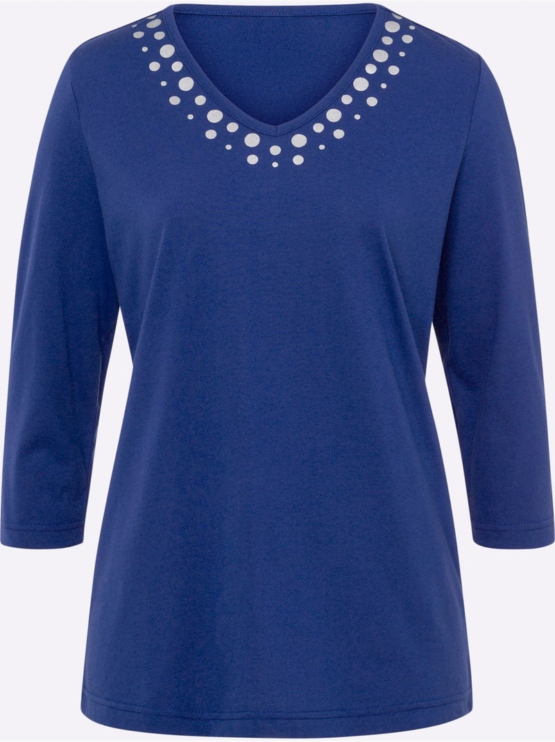 T-shirt à Manches 3/4 Imprimé Transfert Couleur Argenté - Taille Standard - Moda Vilona Bleu roi - Kiabi