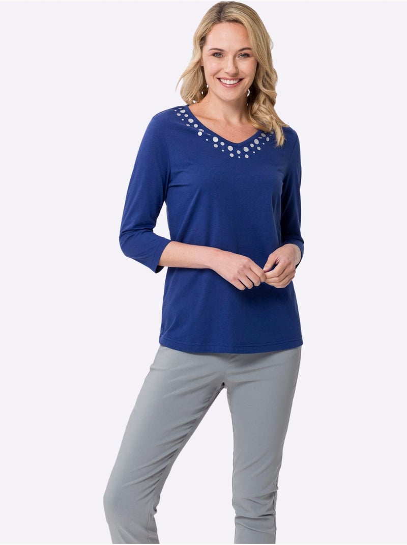 T-shirt à Manches 3/4 Imprimé Transfert Couleur Argenté - Taille Standard - Moda Vilona Bleu roi - Kiabi