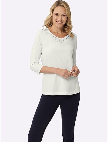 T-shirt à Manches 3/4 Imprimé Transfert Couleur Argenté - Taille Standard - Moda Vilona