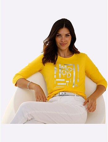 T-shirt à Manches 3/4 Imprimé Transfert Couleur Argenté - Taille Standard - Moda Vilona