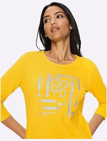 T-shirt à Manches 3/4 Imprimé Transfert Couleur Argenté - Taille Standard - Moda Vilona