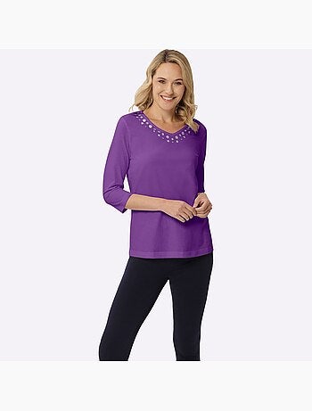 T-shirt à Manches 3/4 Imprimé Transfert Couleur Argenté - Taille Standard - Moda Vilona